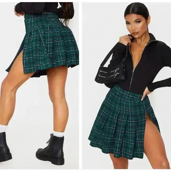 Pretty Little Thing PLT Green Check Tennis Side Split Mini Skirt 12 - Picture 2 of 6
